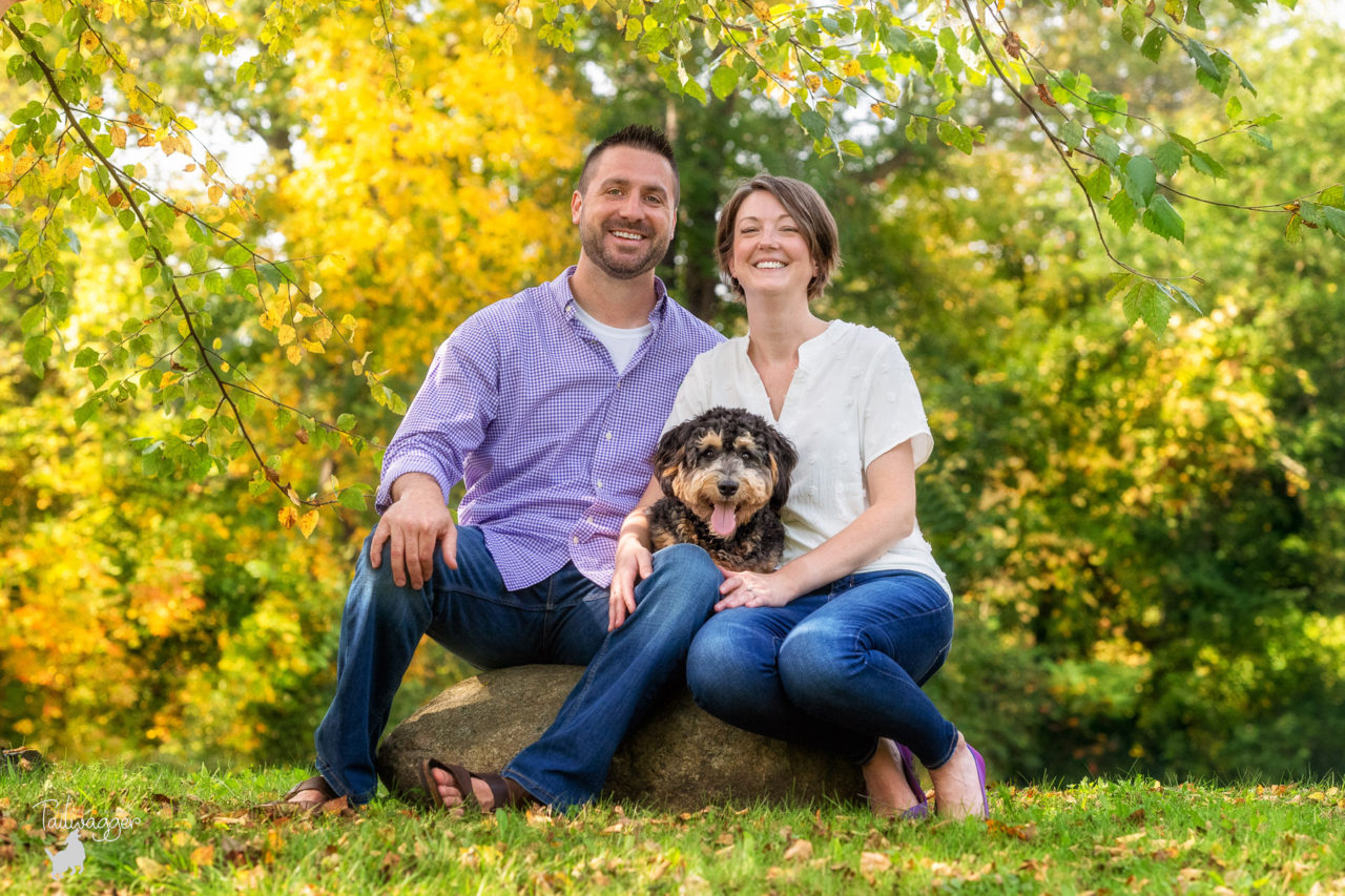 A family poses with their mini Berndadoodle at Johnson Park in Walker, MI.