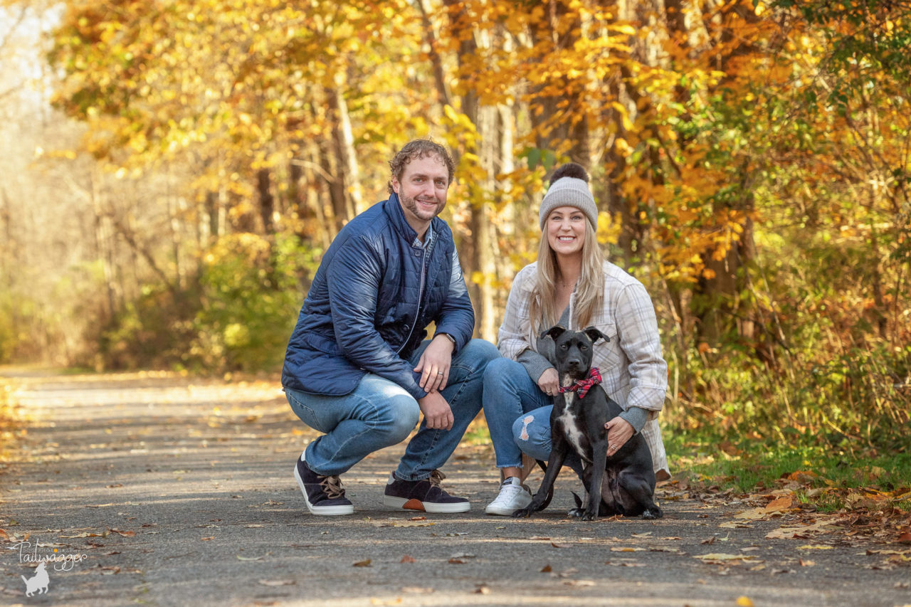 A man, woman and their puppy pose for a family portrait in Rockford, MI.