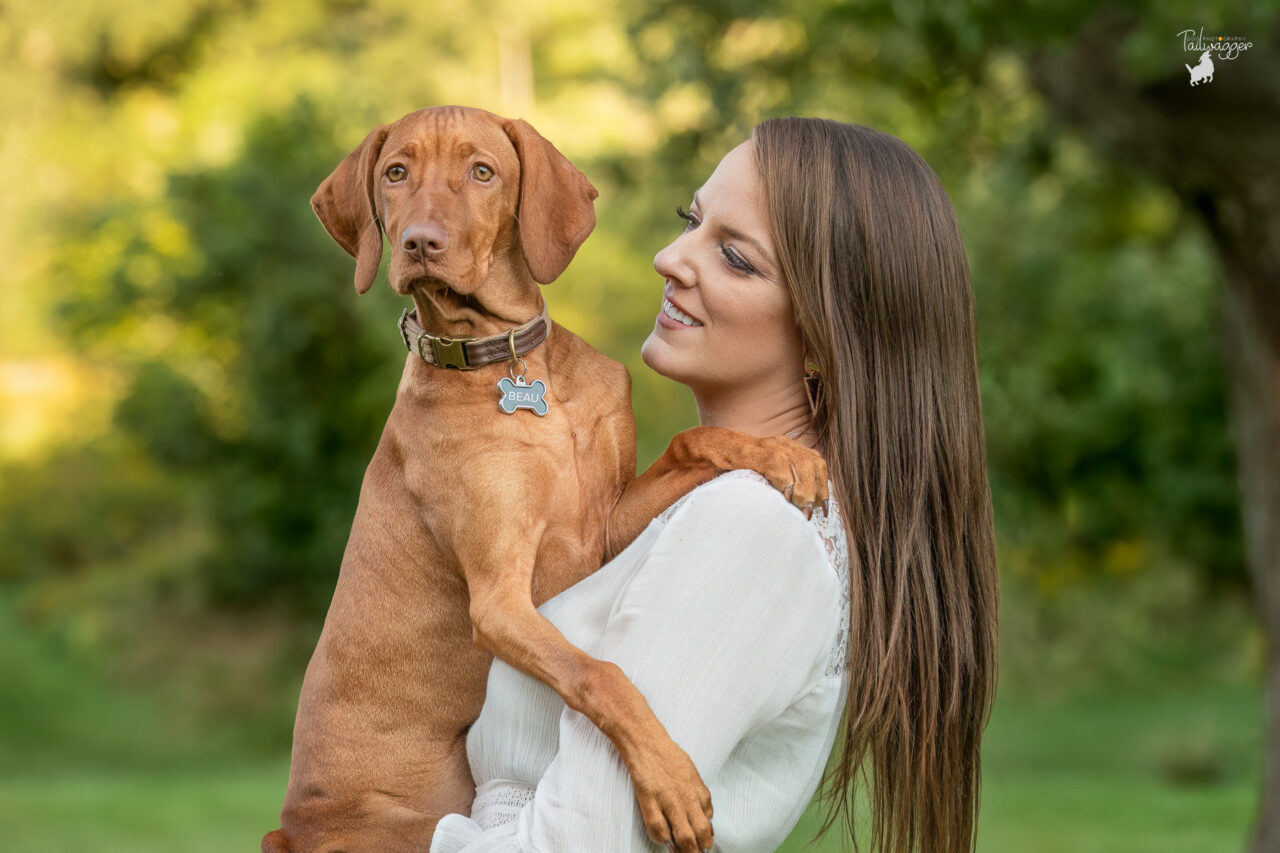 A woman holds her Vizsla puppy at smiles at him while he looks off into the distance.